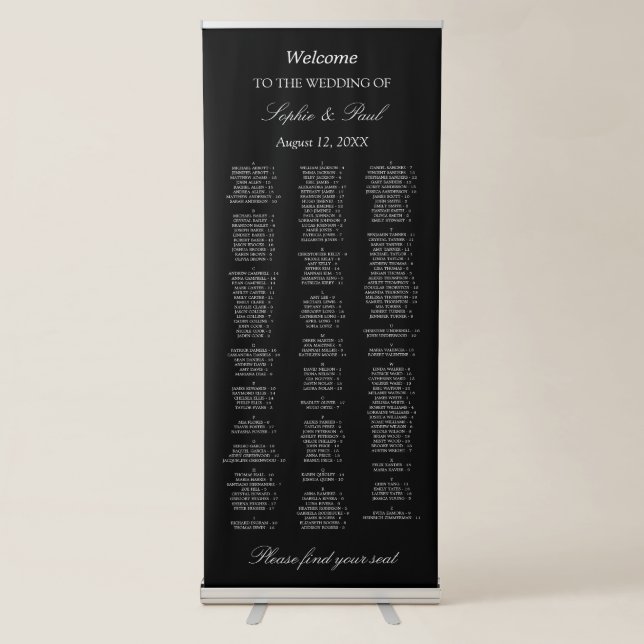 180 Guest Black Alphabetical Welcome Seating Chart Retractable Banner (Front)