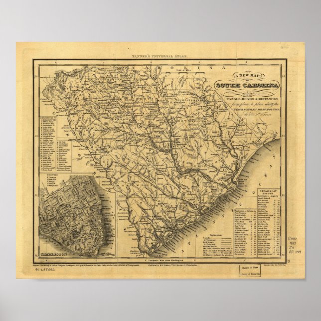 1833 Rail & Ship Routes Map of South Carolina Poster (Front)