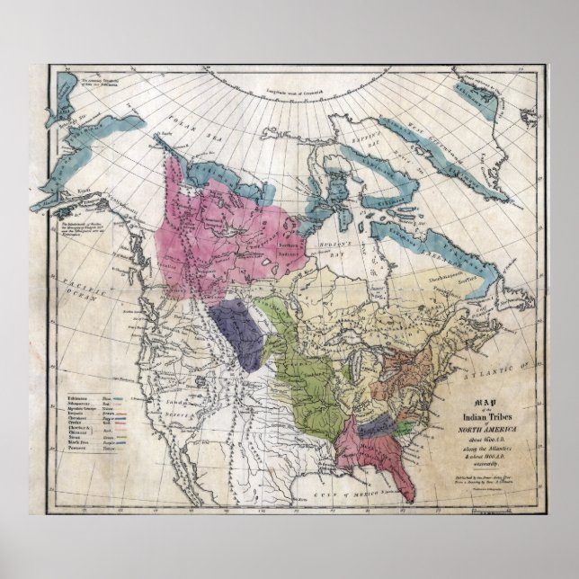 1836 Indian Tribes of North America Map Poster (Front)