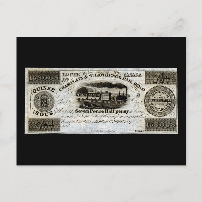 1837 Canadian Railroad Currency Postcard (Front)