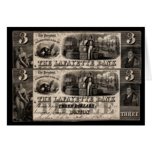 1837 Lafayette Bank Three Dollar Note Cards (Front Horizontal)
