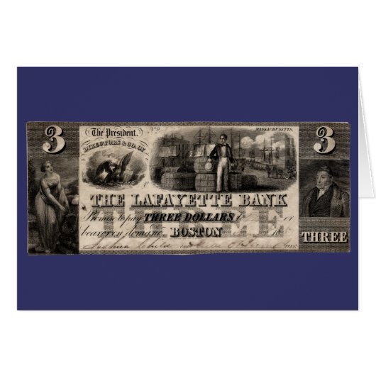 1837 Lafayette Bank Three Dollar Note Cards (Front Horizontal)