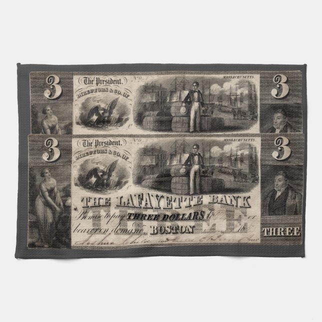 1837 Lafayette Bank Three Dollar Note Kitchen Towel (Horizontal)