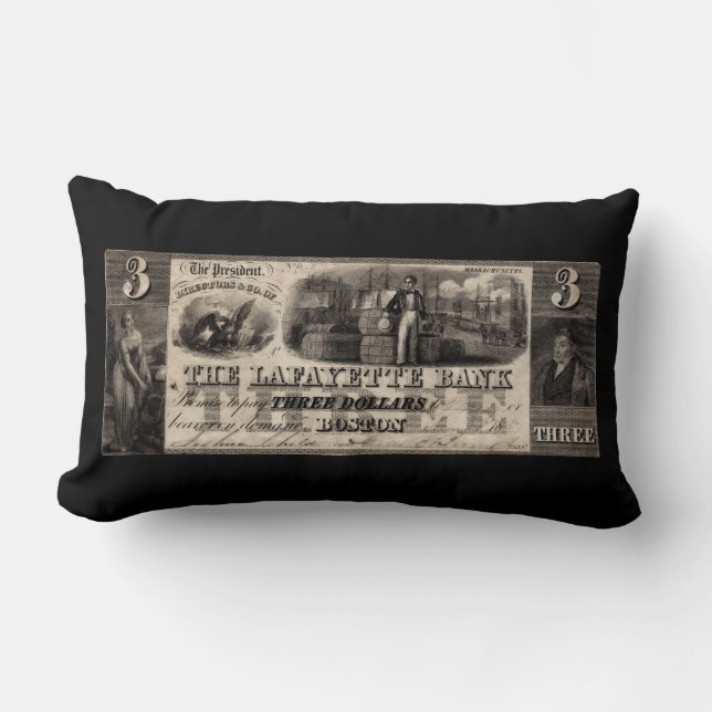 1837 Lafayette Bank Three Dollar Note Lumbar Pillow (Front)