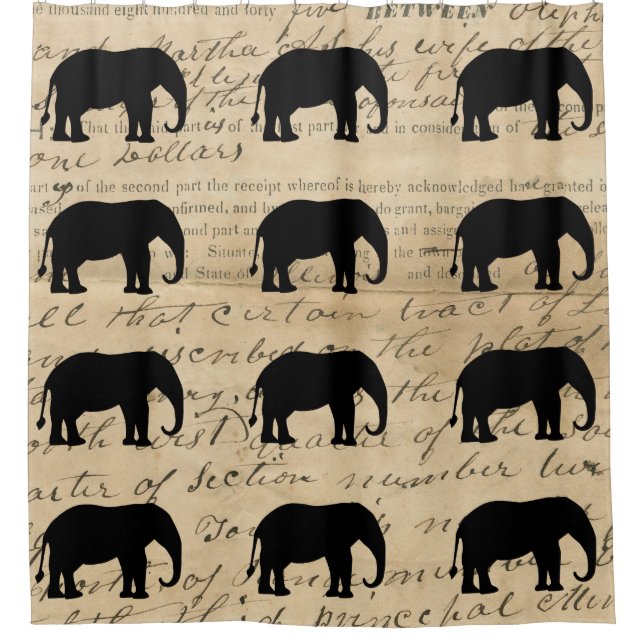 1840's Rustic Ephemera Deed Elephant Silhouette Shower Curtain (Front)