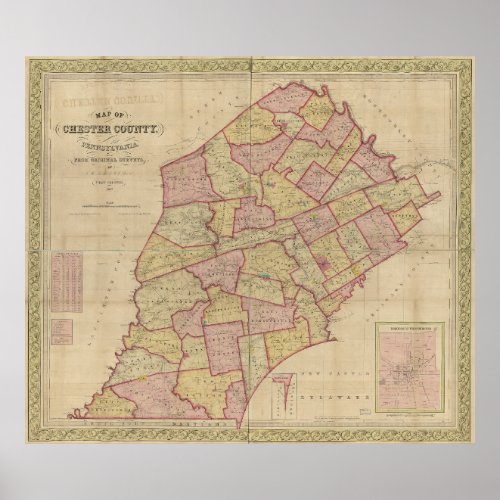 1847 Map Chester County Pennsylvania PA Poster