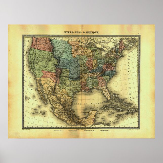 1848 Thunot Duvotenay Map:  Etats-Unis & Mexique Poster (Front)