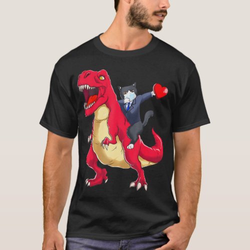 184 Dabbing Cat Riding Dinosaur Valentines Day Hea T_Shirt