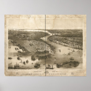 1851 New York & Brooklyn Birds Eye Panoramic Map Poster