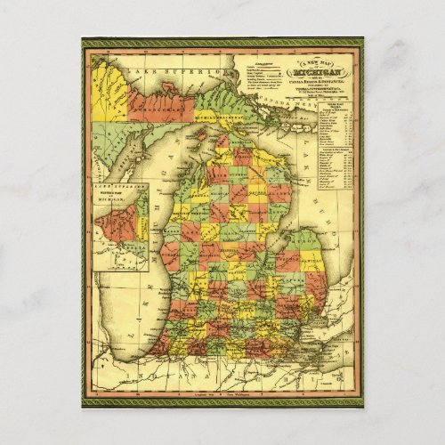 1853 Vivid Map of Michigan Show true allegiance MI Postcard