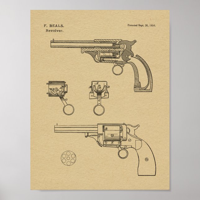 1854 Gun Revolver Patent Art Drawing Print (Front)