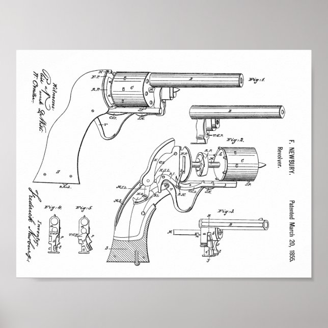 1855 Gun Revolver Patent Art Drawing Print (Front)