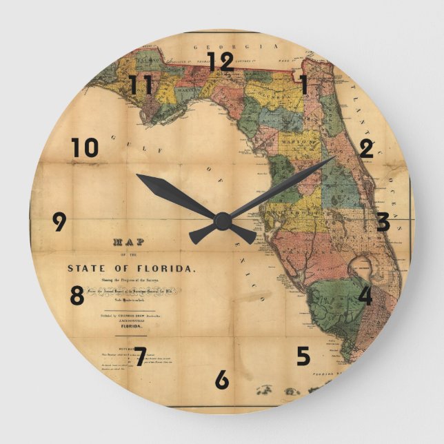 1856 Map of the State of Florida by Columbus Drew Large Clock (Front)