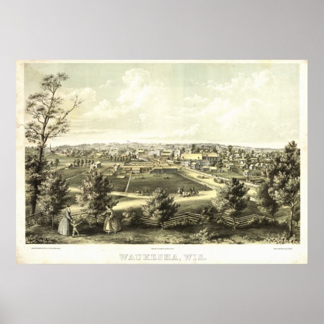 1857 Waukesha, WI Birds Eye View Panoramic Map Poster (Front)