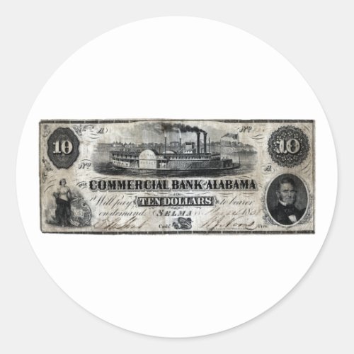 1858 Alabama Ten Dollar Note Classic Round Sticker
