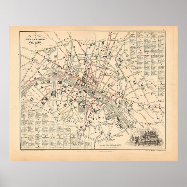 1858 Map: Itineraire des Omnibus dans Paris France Poster (Front)