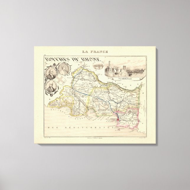 1858 Map of Bouches du Rhone Department, France Po Canvas Print (Front)