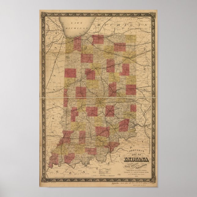 1858 Map of Indiana depicting Rails and Townships Poster (Front)