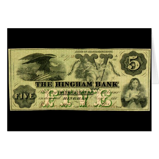 1860 Hingham Massachusetts Five Dollar Note Cards (Front Horizontal)