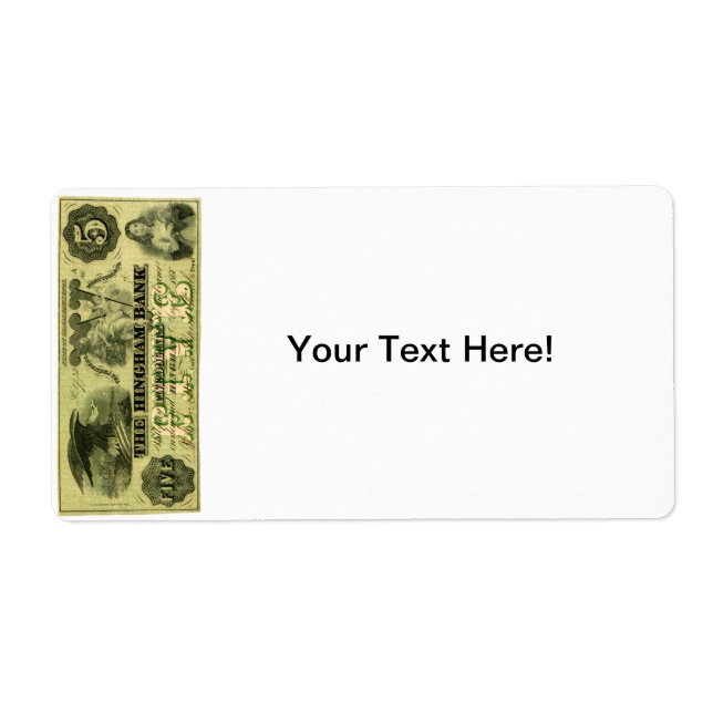 1860 Hingham Massachusetts Five Dollar Note Label (Front)