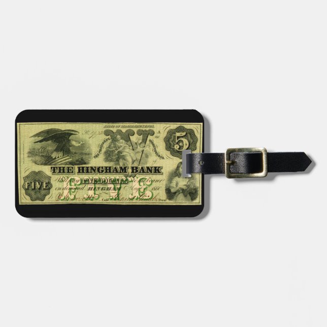 1860 Hingham Massachusetts Five Dollar Note Luggage Tag (Front Horizontal)