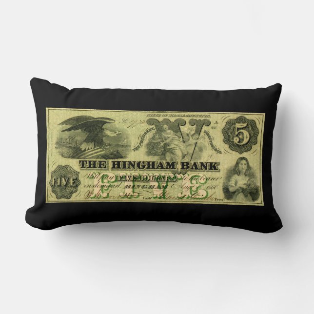 1860 Hingham Massachusetts Five Dollar Note Lumbar Pillow (Front)