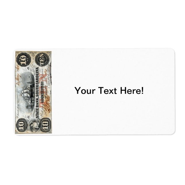 1860 South Carolina Ten Dollar Note Label (Front)