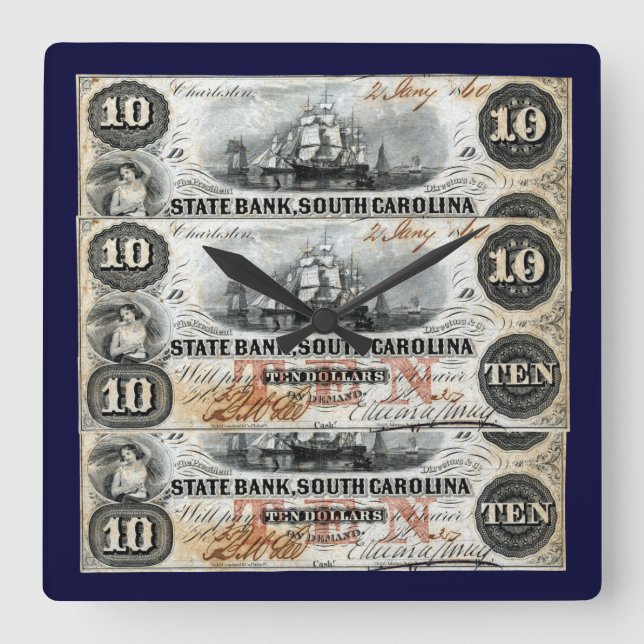 1860 South Carolina Ten Dollar Note Square Wall Clock (Front)