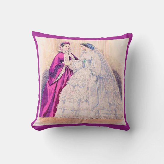 1861 French fashion plate wedding gown Throw Pillow (Front)