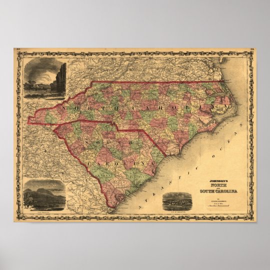 1861 North Carolina and South Carolina Map Poster | Zazzle.com