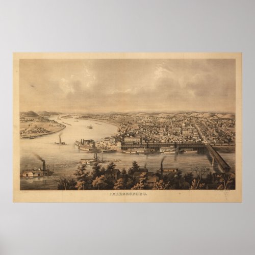 1861 Parkersburg WV Birds Eye View Panoramic Map Poster