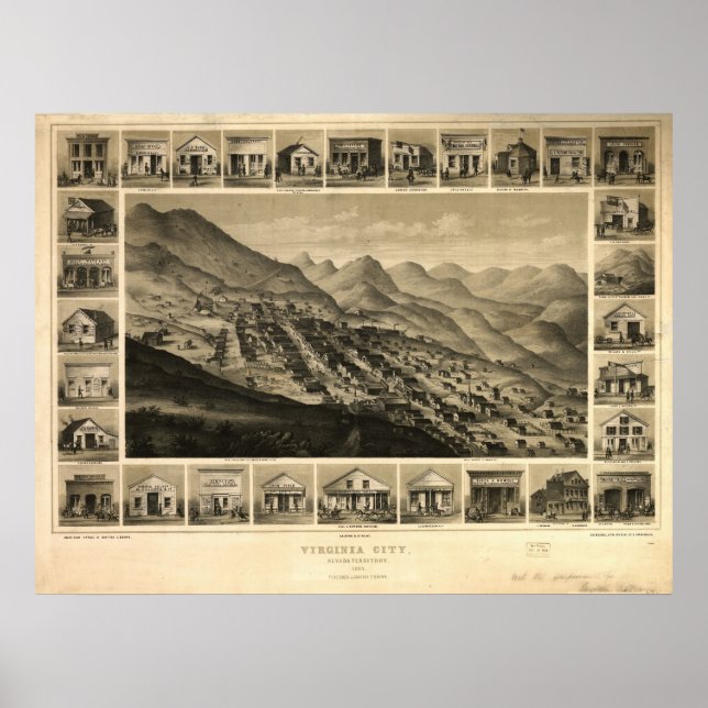 1861 Virginia City NV Birds Eye View Panoramic Map Poster (Front)