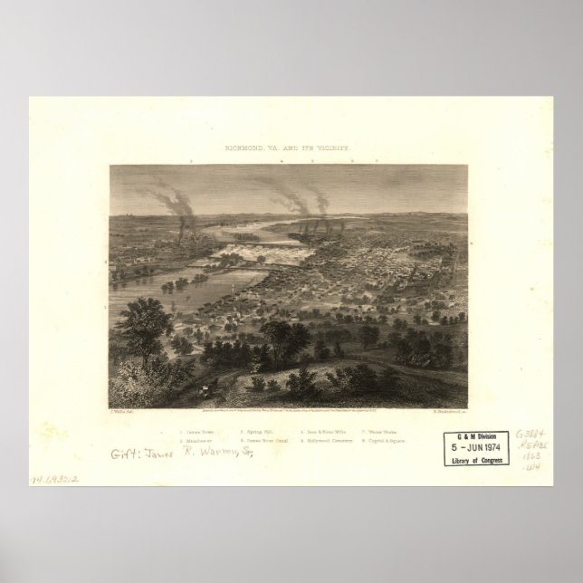 1863 Richmond, VA Bird's Eye View Panoramic Map Poster (Front)