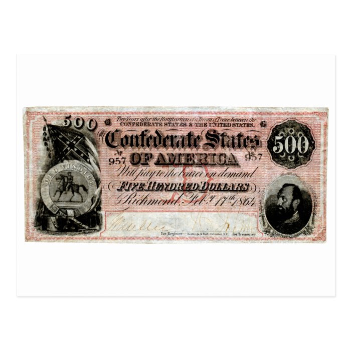 1864 Confederate Five Hundred Dollar Note Post Card