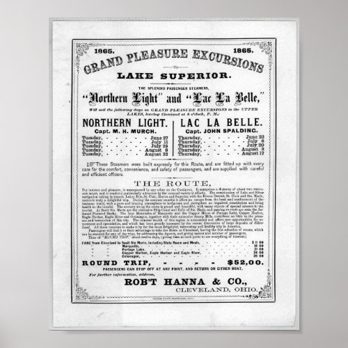 1865 Grand pleasure excursions to Lake Superior Poster