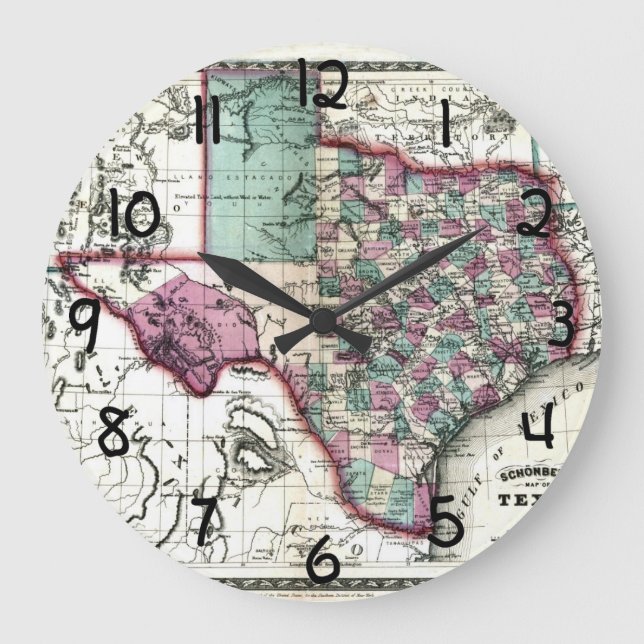 1866 Antiquarian Map of Texas by Schönberg & Co. Large Clock (Front)