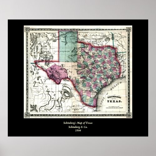 1866 Antiquarian Map of Texas by Schönberg &amp; Co. Poster