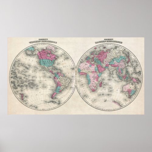 1866 WORLD HEMISPHERE MAP POSTER
