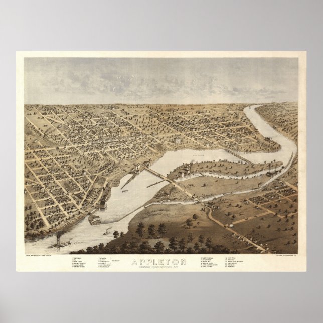 1867 Appleton, WI Birds Eye View Panoramic Map Poster (Front)