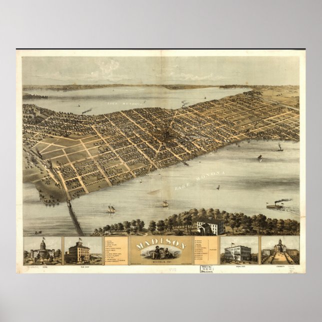 1867 Madison, WI Birds Eye View Panoramic Map Poster (Front)