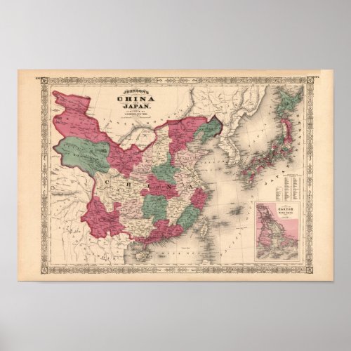 1868 Map _ Johnsons China and Japan Poster