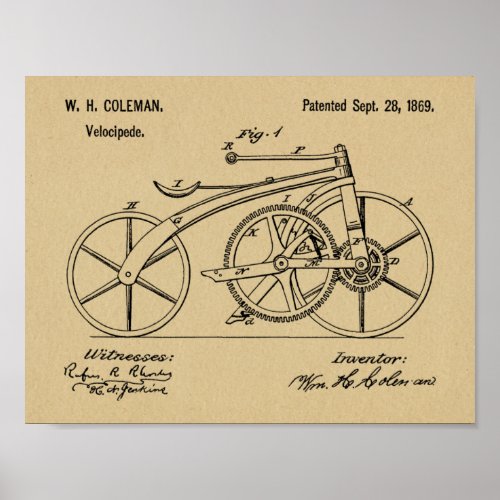 1869 Chainless Bicycle Patent Art Drawing Print
