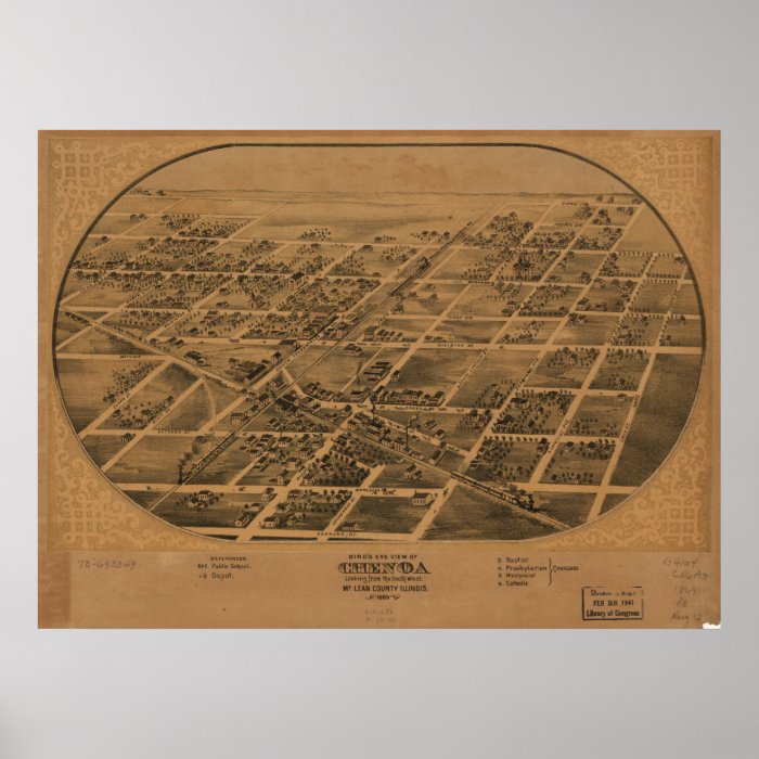 1869 Chenoa, IL Birds Eye View Panoramic Map Print