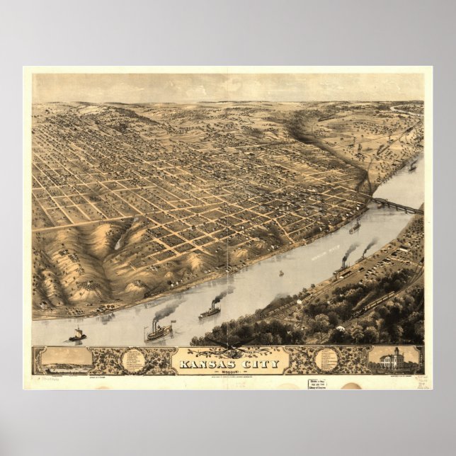 1869 Kansas City, MO Birds Eye View Panoramic Map Poster (Front)