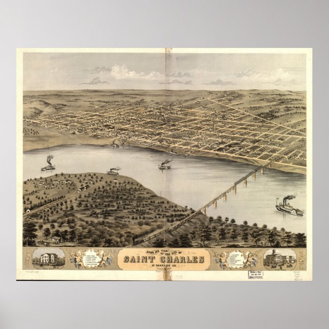 1869 Saint Charles MO Birds Eye View Panoramic Map Poster (Front)