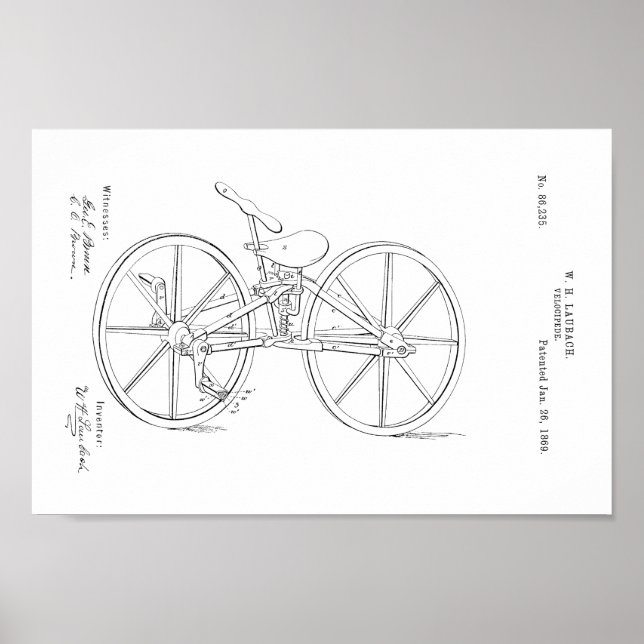1869 Vintage Bicycle Velocipede Patent Art Print (Front)