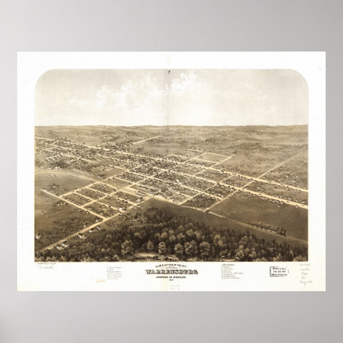 1869 Warrensburg, MO Birds Eye View Panoramic Map Poster