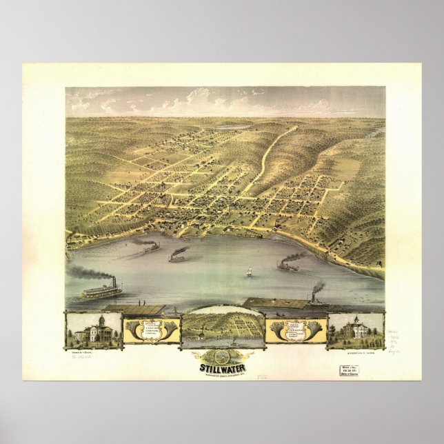 1870 Stillwater, MN Birds Eye View Panoramic Map Poster (Front)