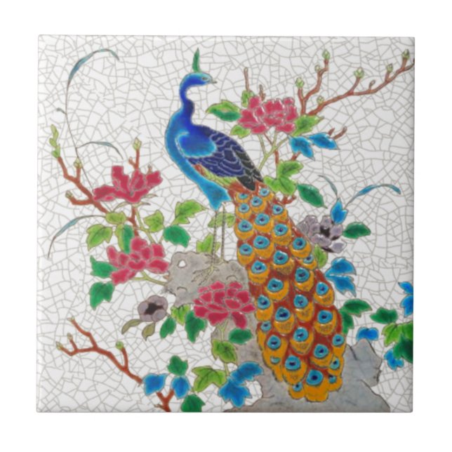 1870s  Aesthetic French Longwy Peacock Repro Ceramic Tile (Front)