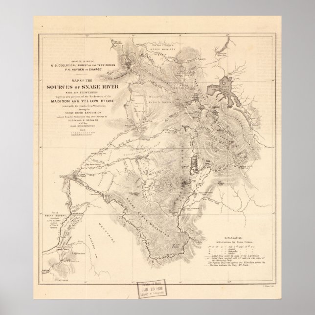 1870's Map Sources of Snake River Wyoming Idaho Poster (Front)